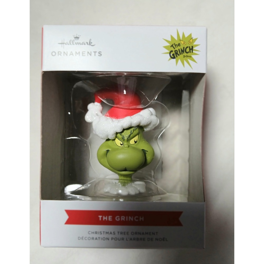 Hallmark Ornaments Dr. Seuss THE GRINCH HEAD In Santa's Hat Glitter Accents NEW